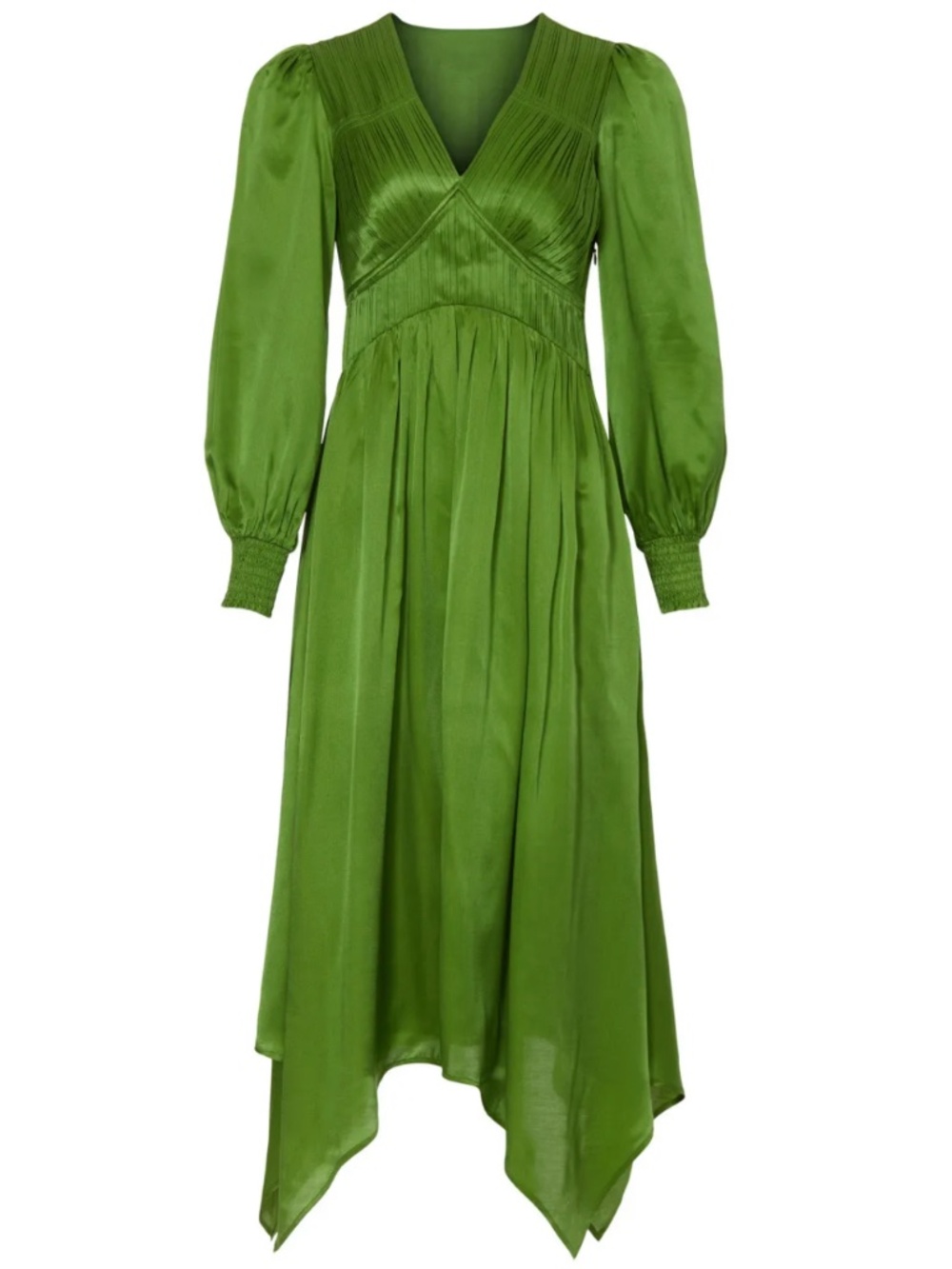 AllSaints Estelle Green Satin Silk Blend Handkerchief Hem Midi Dress Size 4 NWT